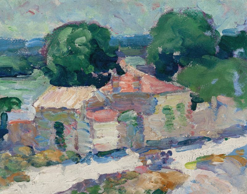 French Cottage de William Zorach, óleo sobre tela que retrata uma paisagem serena com vegetação exuberante.