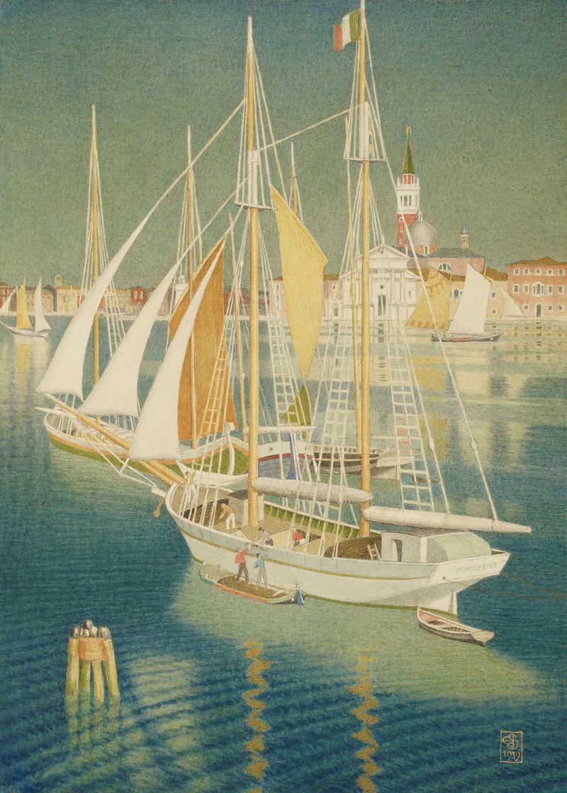 Ships from the Adriatic, Venice by Joseph Edward Southall, oil on canvas