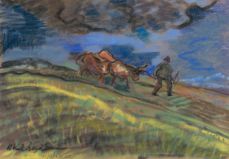Ploughman by Arnold Peter Weisz-Kubínčan, oil on canvas, a robust figure with a plough in a rural landscape.