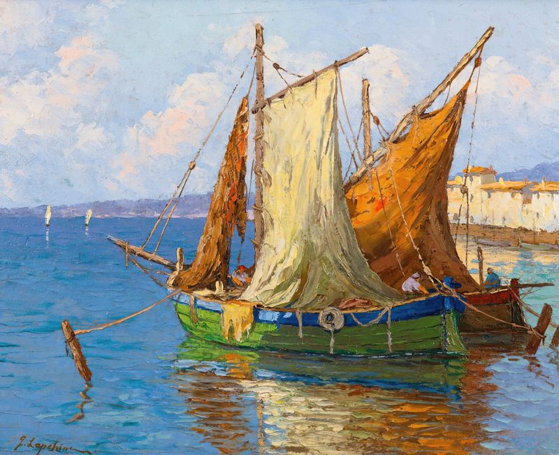 Le Retour Des Pêcheurs, oil on canvas by Georgy Alexandrovich Lapchine depicting fishermen by the sea.