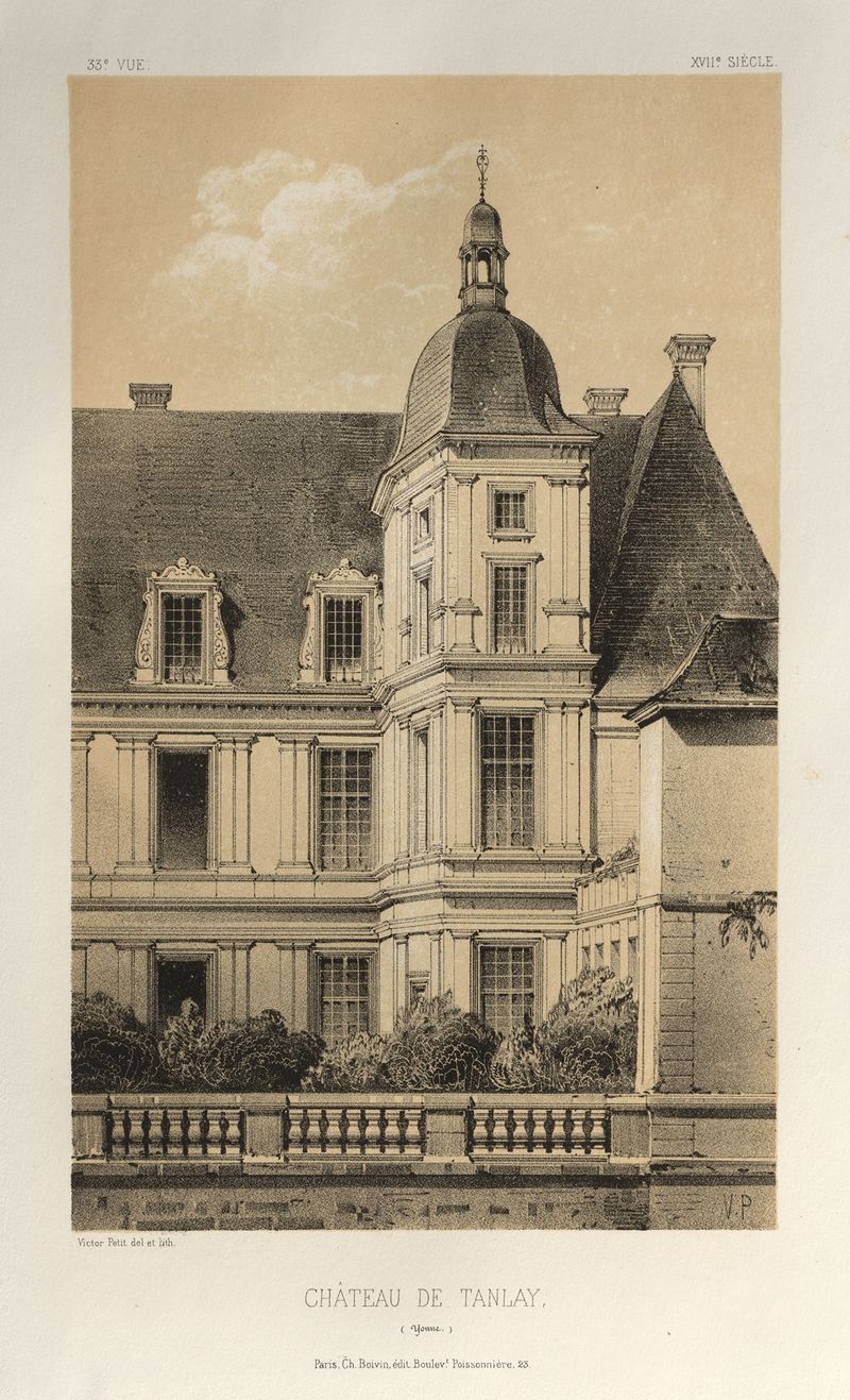 Château De Tanlay by Victor Petit, oil on canvas, depicting serene architecture against a soft sky.