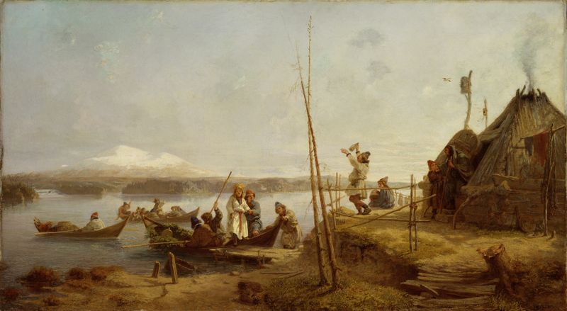 Bridal Homecoming at Lake Hornavan, oil on canvas by Johan Fredrik Höckert