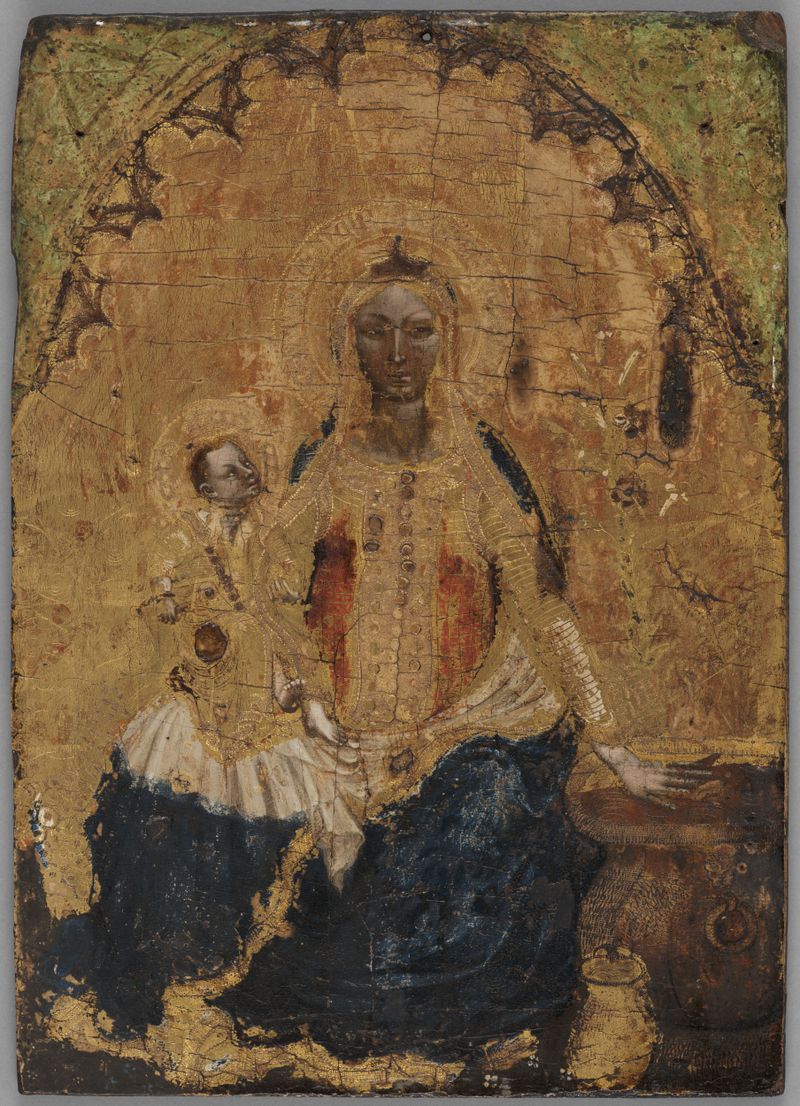Tempera sobre painel de Blaž Jurjev retratando a Virgem e o Menino com luz suave.
