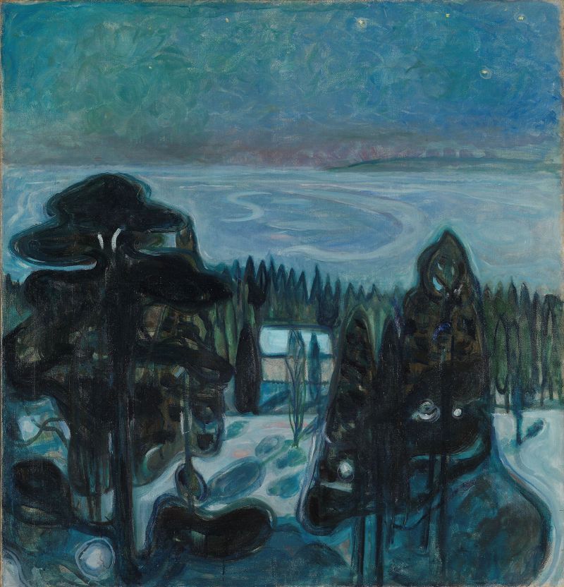 Cena figurativa que retrata o crepúsculo e figuras em White Night de Edvard Munch, pintura a óleo
