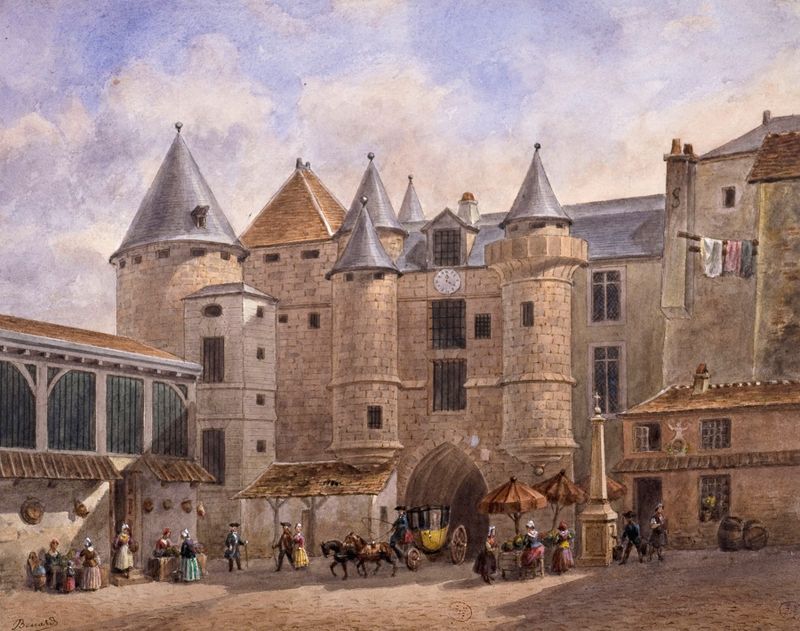 Engraving by Auguste-Sébastien Bénard depicting the Grand Châtelet at sunset