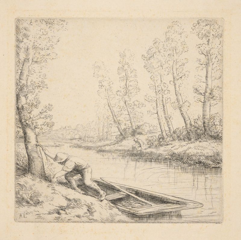 Pintura al óleo de Alphonse Legros que representa un paisaje tranquilo con un barco en el agua.