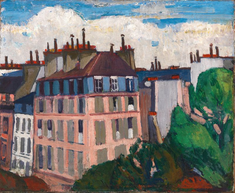 Rooftops, Paris de Henry Lyman Saÿen, óleo sobre lienzo que representa un atardecer sobre el horizonte de la ciudad.