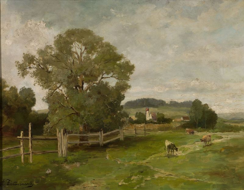 Paisaje con Vacas de Alfred Zimmermann, realismo, representando vacas en un paisaje sereno