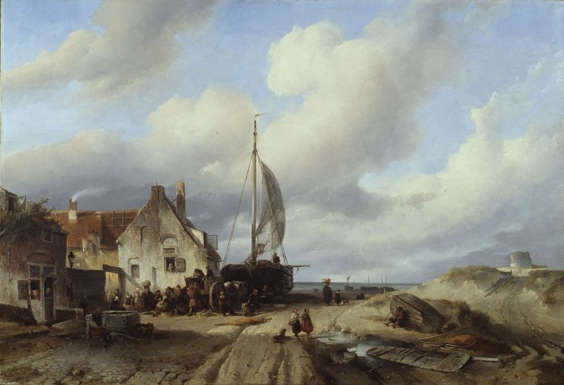 Marine scene of Katwijk aan Zee by Samuel Verveer, 1847, depicting gentle waves and a pastel dawn.