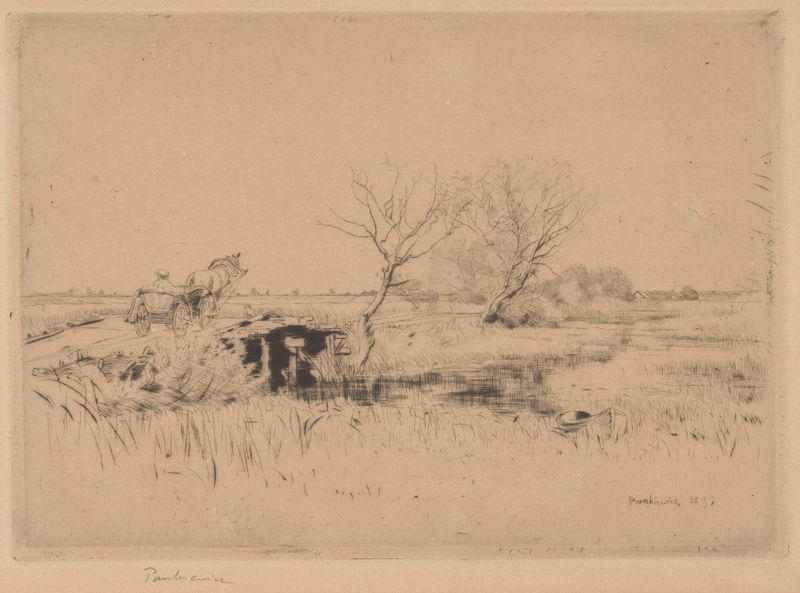 O Canal de Pinsk em Polesie I de Józef Pankiewicz, pintura a óleo que retrata uma paisagem fluvial serena.