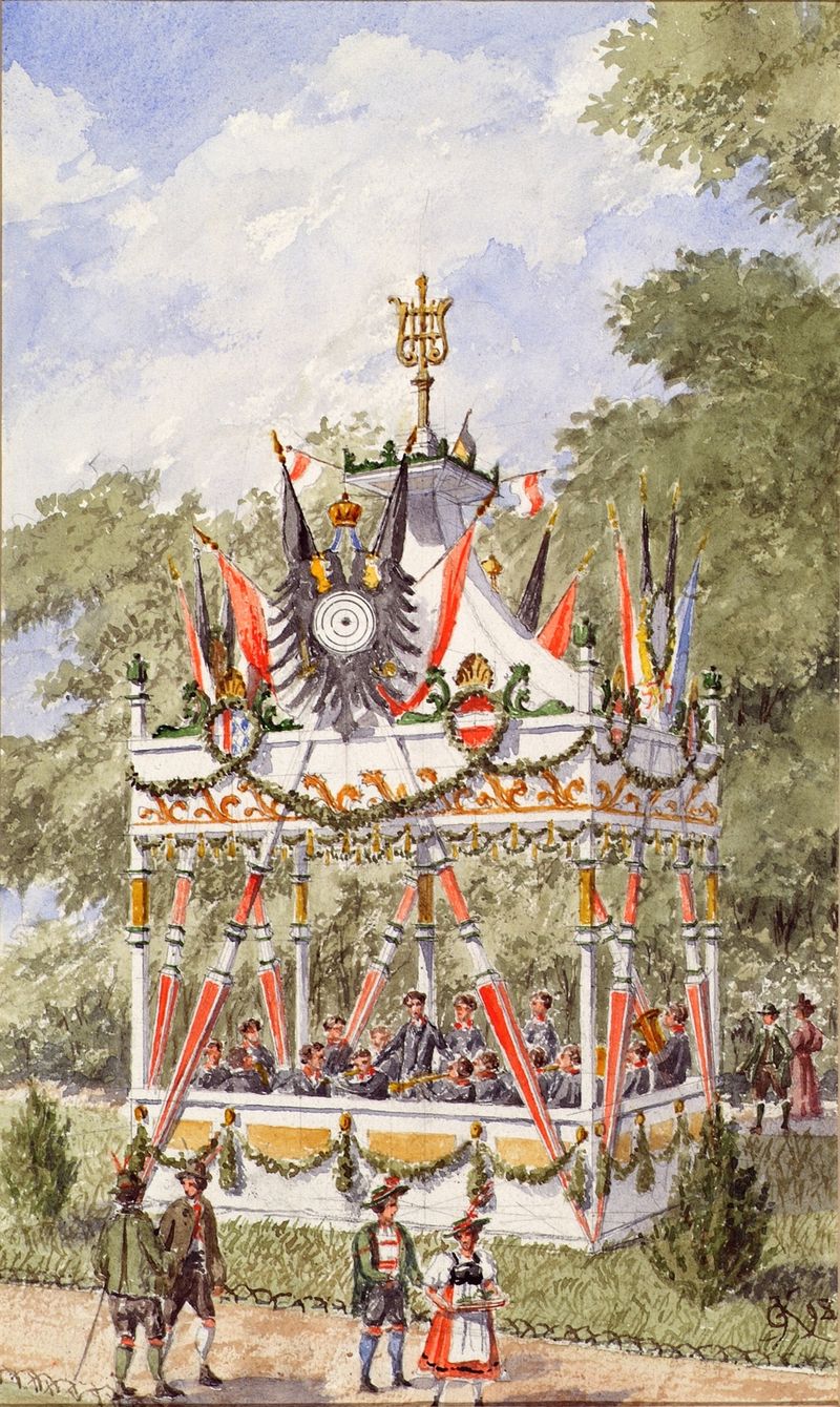 Genre scene depicting a music pavilion with joyful figures, oil painting by Gustav Korompay