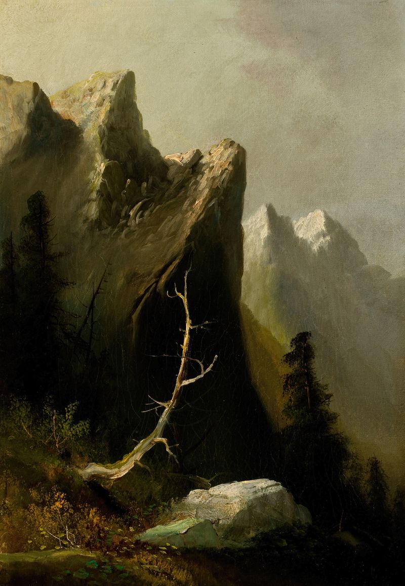 Indian Rock, Blue Mountains de Thomas Hill, óleo sobre lienzo, con una gran formación rocosa y exuberante vegetación.
