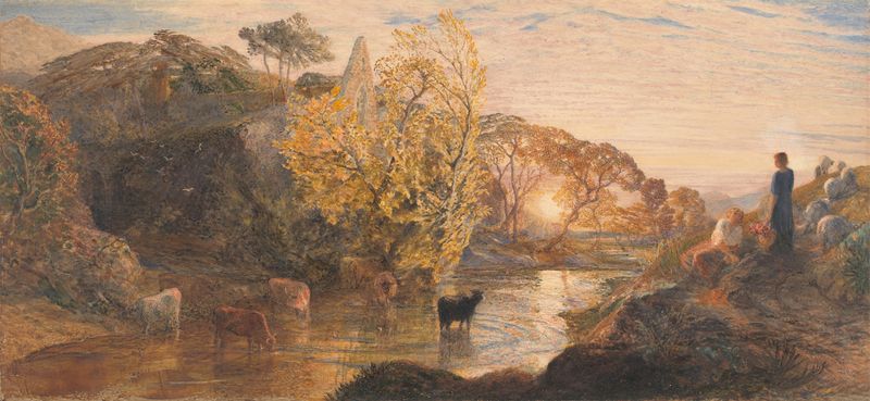 Tintern Abbey at Sunset, oil painting by Samuel Palmer, featuring trees and a glowing sunset.