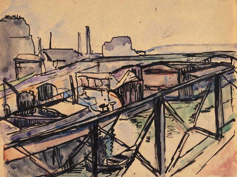 Marine scene depicting a port at dawn by Astrid Holm, Impressionism
