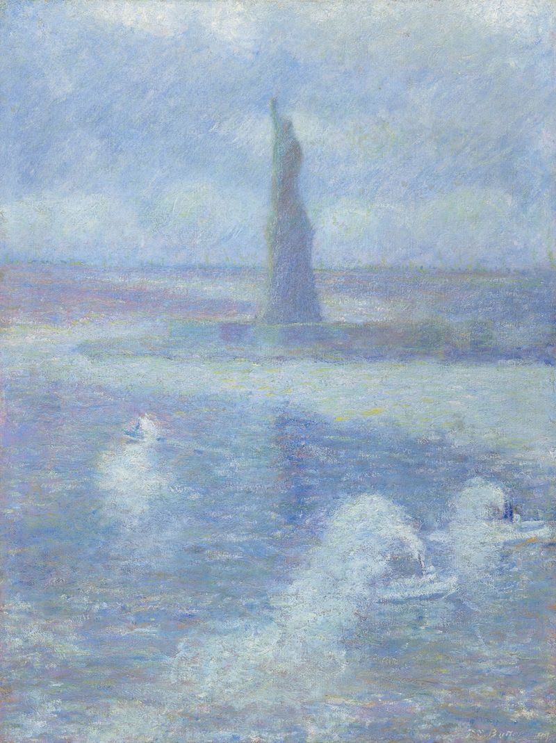 Statue of Liberty in mist, oil on canvas by Theodore Earl Butler