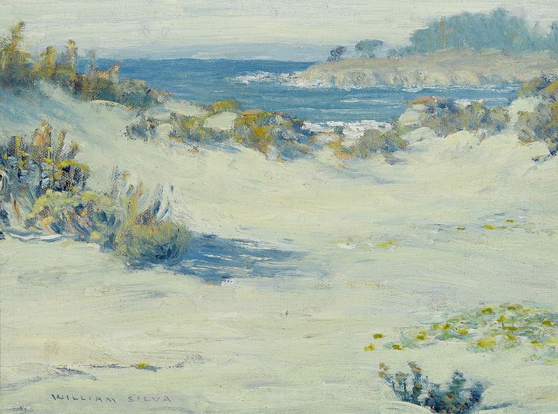Opal Hues of Carmel de William Posey Silva, óleo sobre tela retratando um oceano e céu serenos