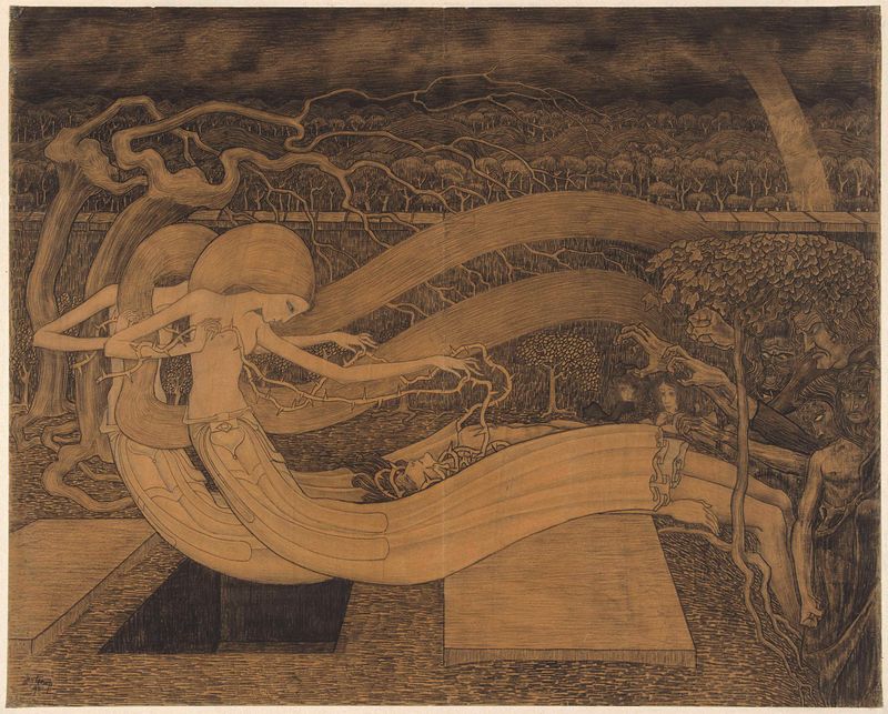 Drawing by Jan Toorop depicting a man entwined with thorns near an open grave, paper medium.