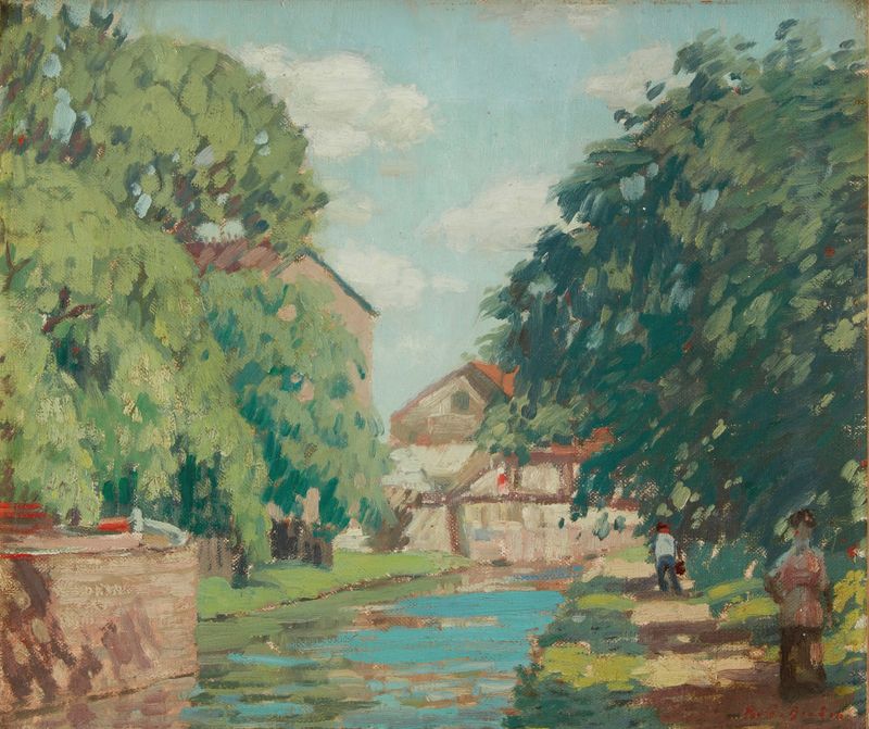 Canal Towpath (At New Hope) by Rae Sloan Bredin, impressionist oil painting of a tranquil landscape.