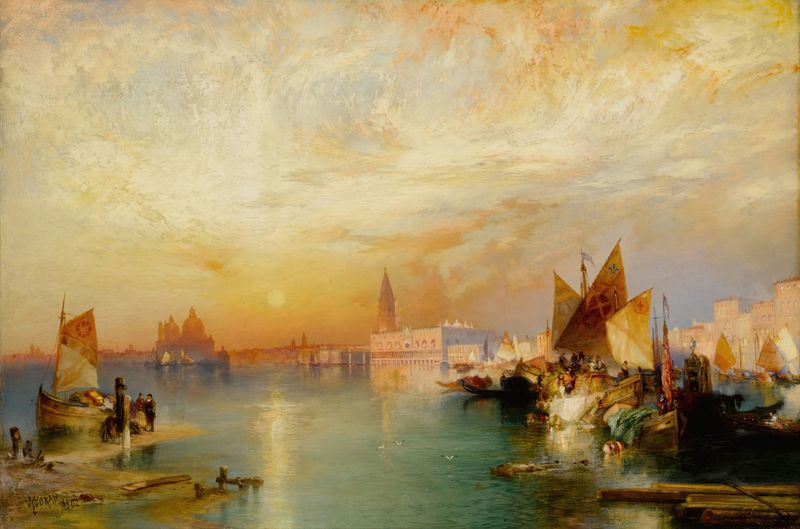 Sunset Santa Maria e o Palácio Ducal, Veneza de Thomas Moran, pintura a óleo