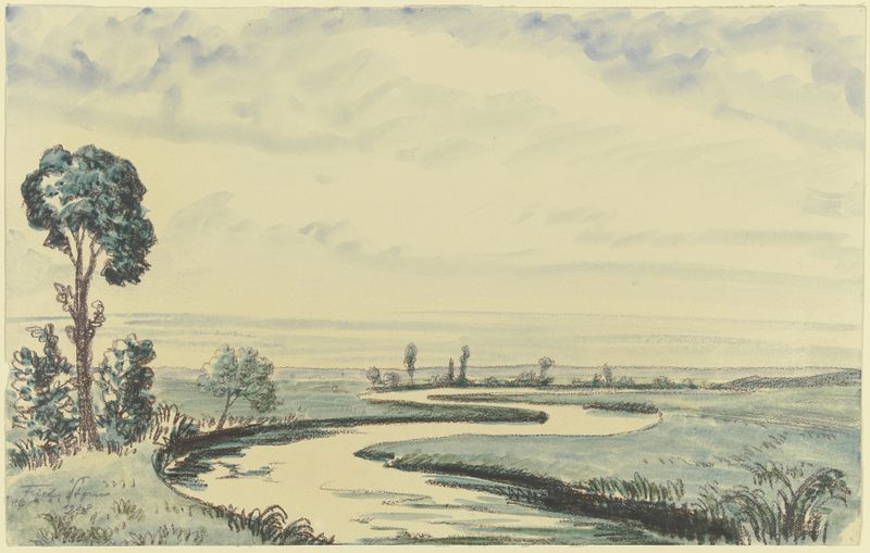At the Nidda by Fried Stern, expressionism, depicting a river with vibrant colors and foliage