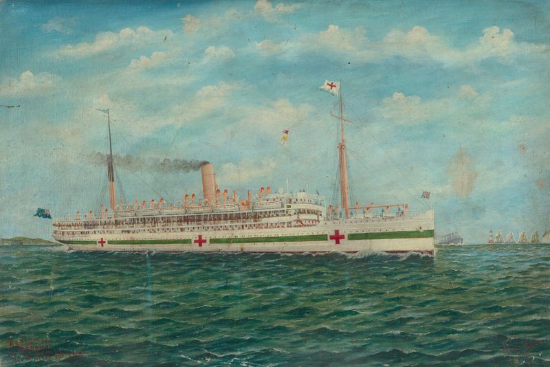 Marama, navio hospital da Nova Zelândia no Canal da Mancha, óleo sobre tela de Frank Barnes