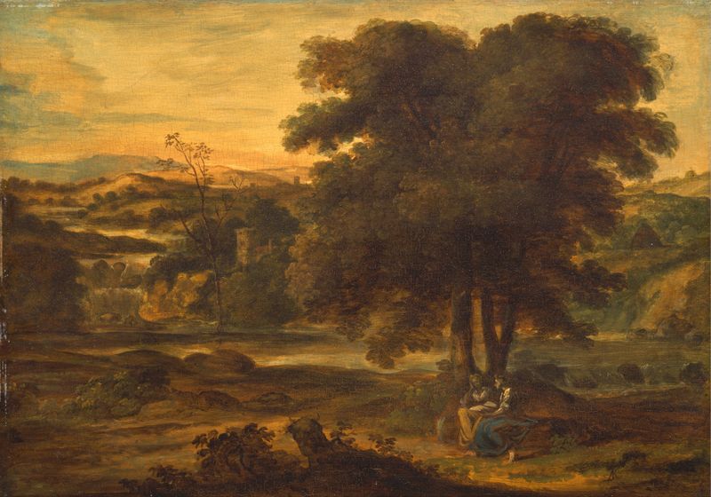 Classical Landscape de Alexander Runciman, óleo sobre tela que retrata vegetação e colinas.