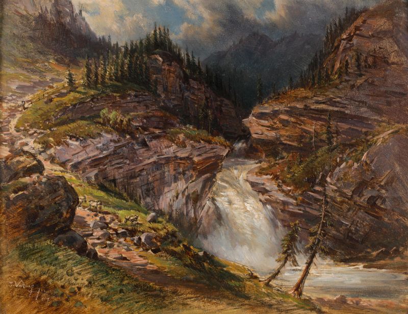 Hirte am Gollinger Wasserfall, oil on canvas by Johann Varrone, depicting a shepherd by a waterfall.