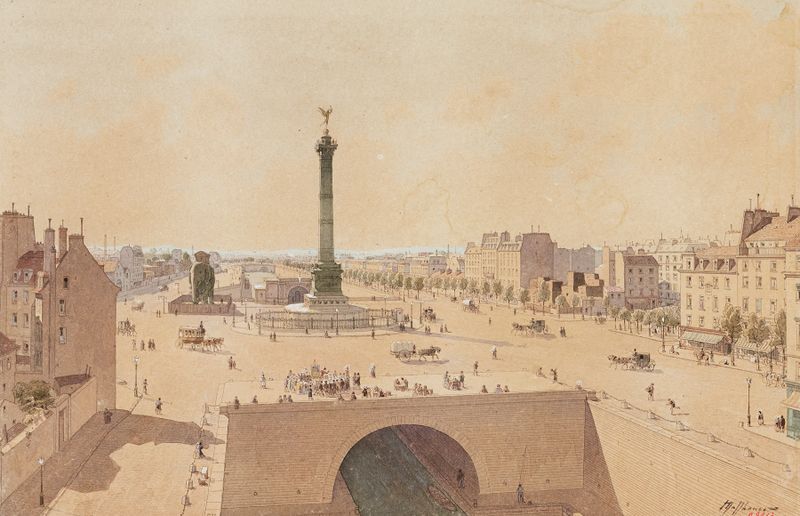 Escena histórica de Place de la Bastille en 1841 de Fédor Hoffbauer, pintura al óleo.