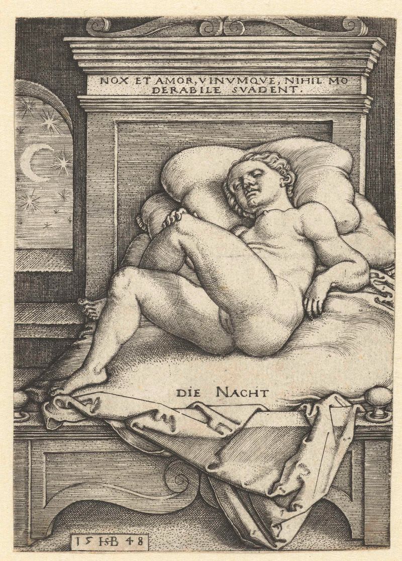 Figura desnuda reclinada contra un fondo oscuro, grabado de Hans Sebald Beham