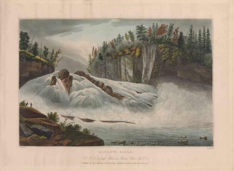 Hadley’s Falls de John Hill, pintura a óleo que retrata uma cachoeira e a natureza.