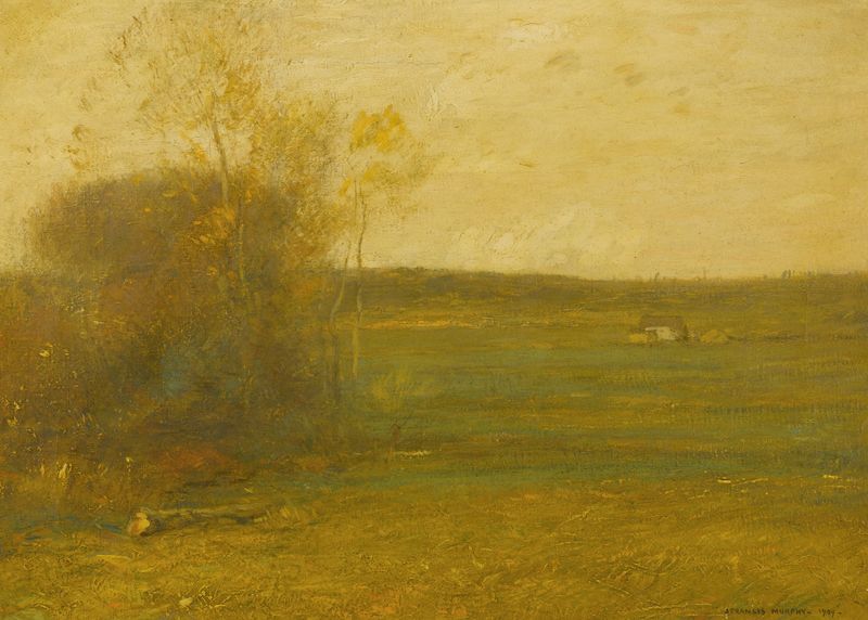 Oil painting by John Francis Murphy depicting sprawling fields under a sunset sky.