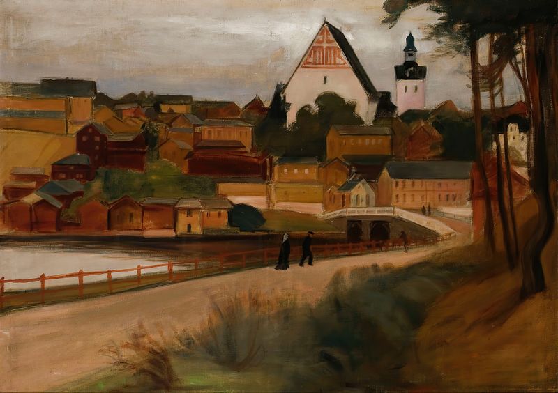 Landscape oil painting by Magnus Enckell with soft hues and a serene sky.