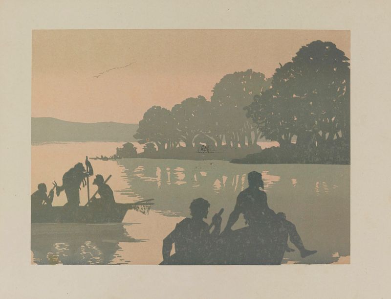 Engraving by Henri-Eugène Callot depicting figures in a twilight landscape.