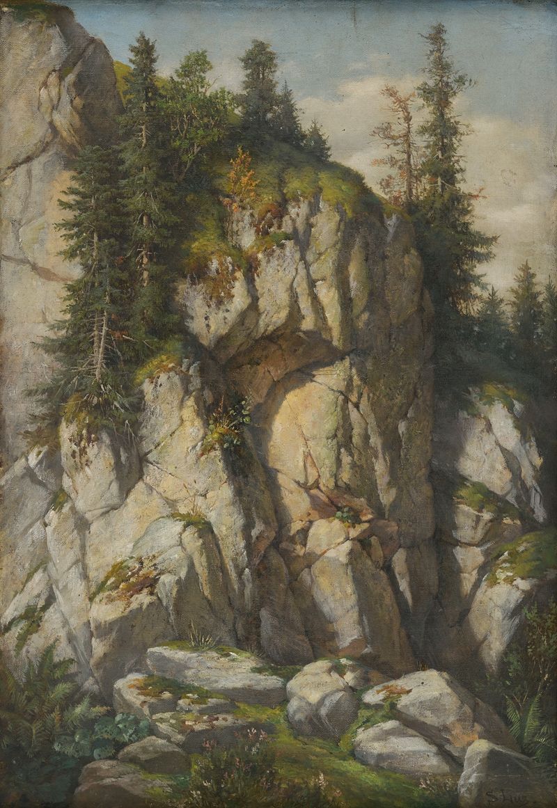 Cliffs de Sebastian Luz, pintura al óleo que representa acantilados escarpados y aguas turbulentas.