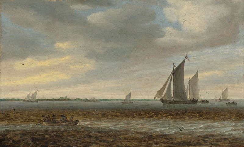 Sailboats and a rowboat in coastal waters, oil painting by Jacob Salomonsz. van Ruysdael