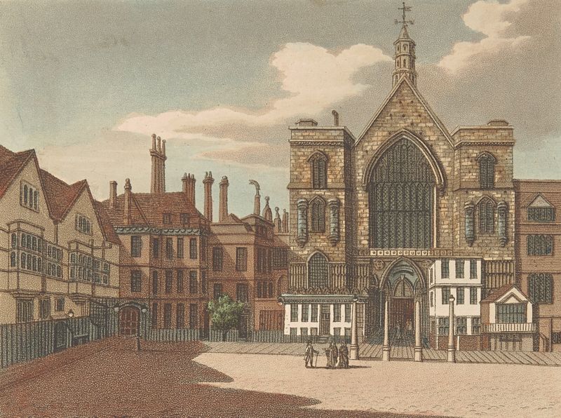 Westminster Hall by Samuel Ireland, oil painting depicting grand interior with light and shadow.