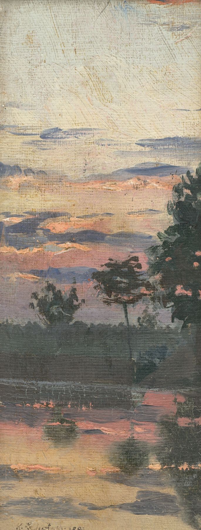 Study of an Early Evening Landscape by Karol Miloslav Lehotský, oil on canvas showing a tranquil dusk scene.