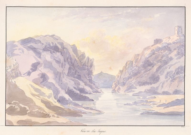 Paisagem do rio Tejo ao pôr do sol, óleo sobre tela de Charles Hamilton Smith