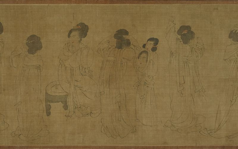 Obra de seda de Zhou Wenju que representa arquitectura de palacio intrincada