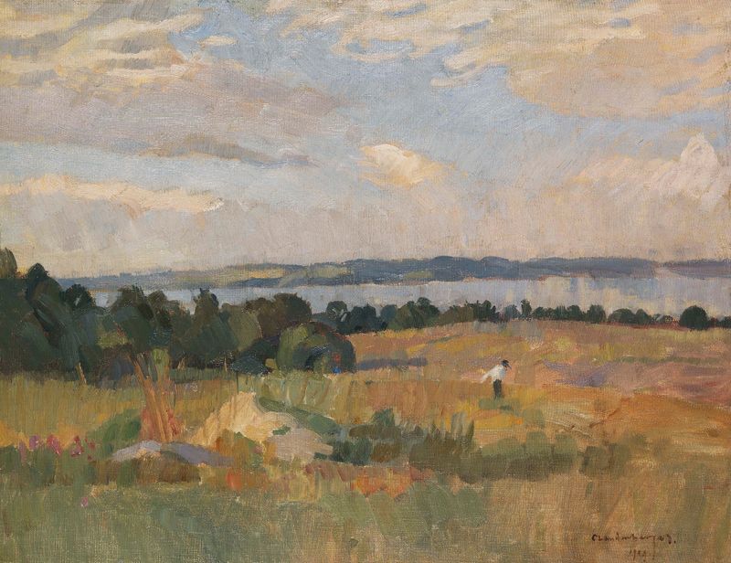 Autumn landscape with trees and lake, oil on canvas by Christian Landenberger