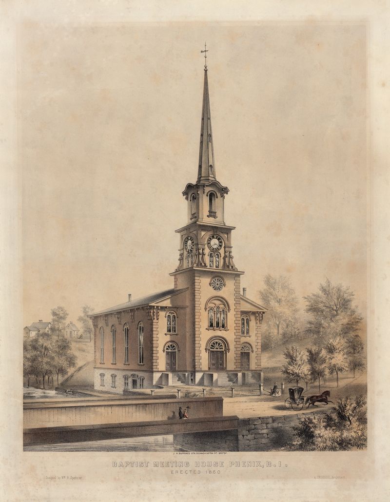Litografía de John H. Bufford's & Sons que representa una casa de reunión bautista con una multitud y un púlpito.