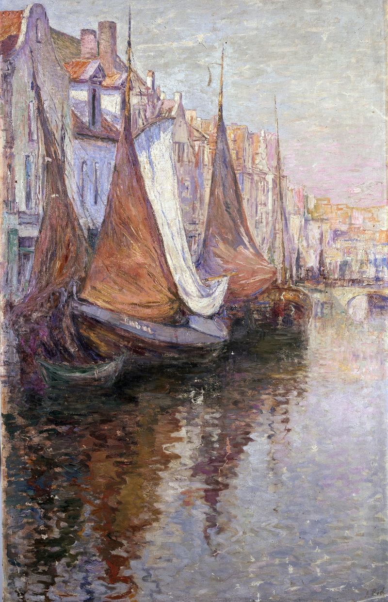 Wharf in Mechelen, oil on canvas by Anna Boch depicting a tranquil river and village reflection