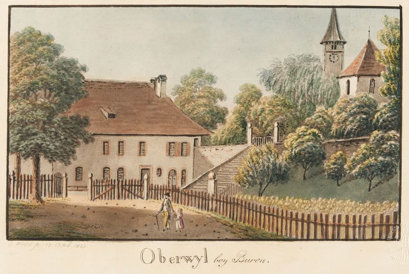 Paisaje de Jakob Samuel Weibel, Romanticismo, que representa un pueblo bajo un cielo vibrante.