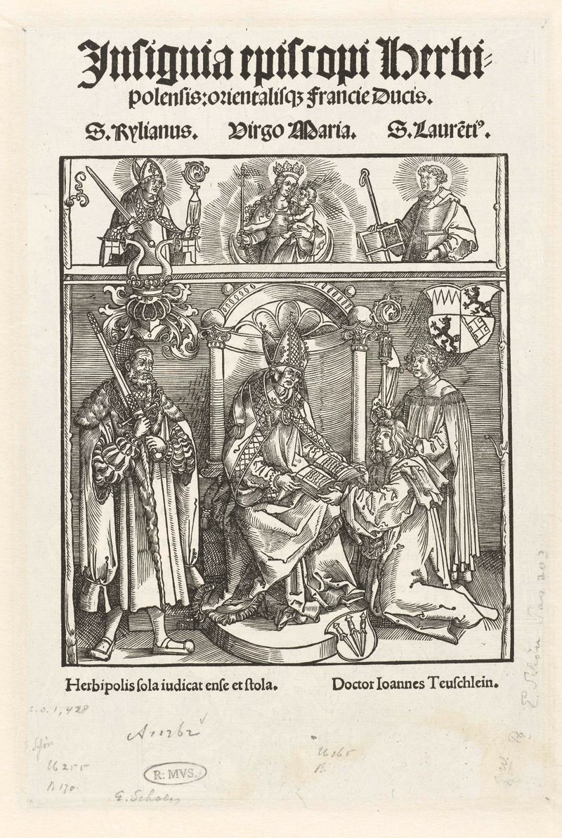 Johannes Teuschlein apresentando um livro ao bispo, papel de Erhard Schön