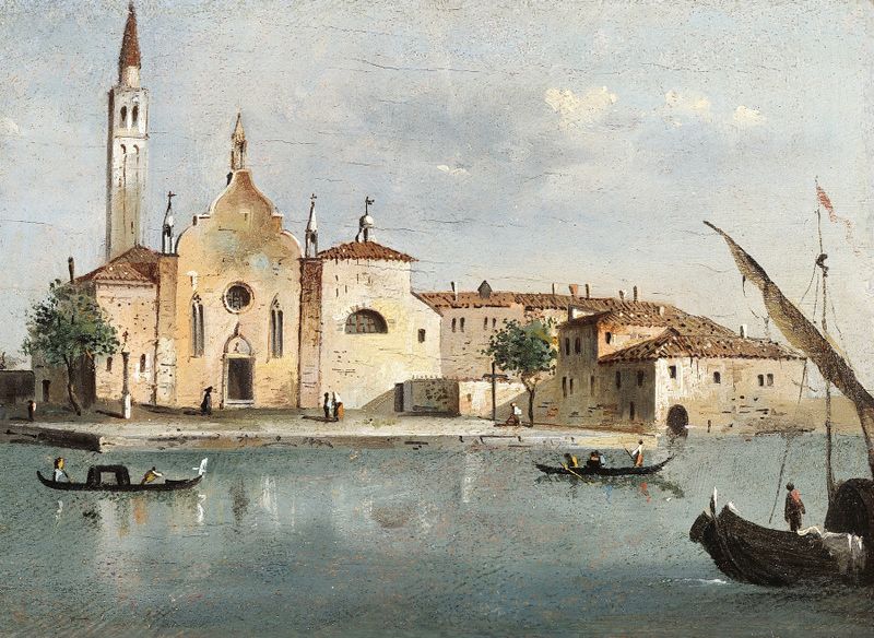 Vue de l’île de Santa Maria delle Grazie, óleo sobre tela de Giacomo Guardi