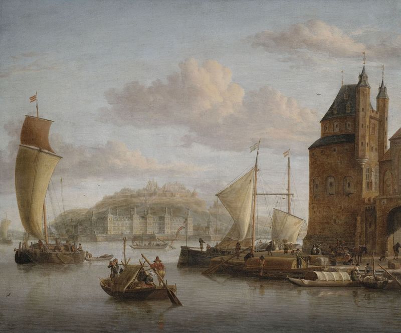 Marine scene with boats and merchants, oil on canvas by Jacobus Storck