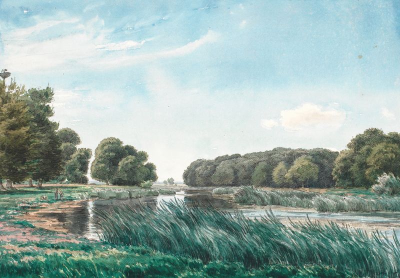 Trærigt landskab med en sø og tre børn der står og fisker, oil on canvas by P. C. Skovgaard