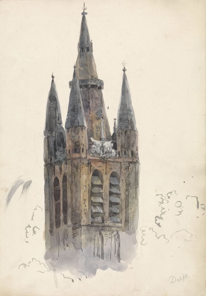 Kerktoren te Delft by Willem Anthonie van Deventer, oil on canvas depicting a church tower and village.