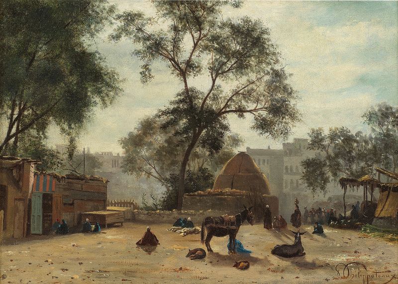 Cena de gênero retratando comerciantes em um mercado do Cairo, pintura a óleo de Paul Philippoteaux