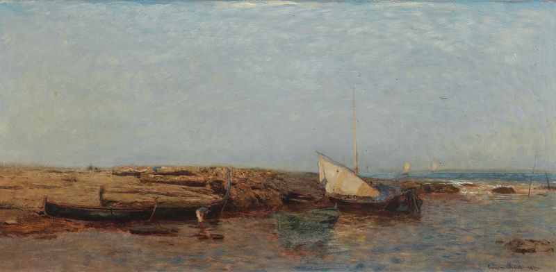 Paisagem costeira com ondas e luz do sol, pintura a óleo de Eugen Jettel